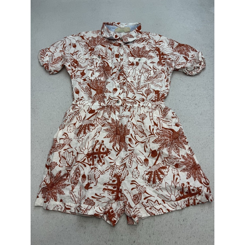 Anthropologie Romper Womens Medium White Floral Linen Button Front Collared